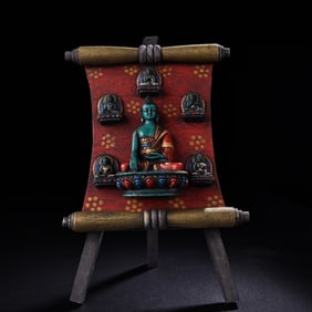 A Rare Wood-inlaid Painted Tibetan Thangka of Sakyamuni