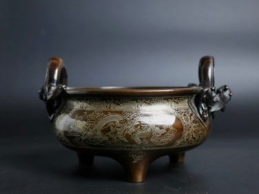 A Rare Red Copper Silver-Inlaid Coiled Dragon-Ears Censer