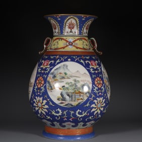 A Rare Famille-Rose Blue Ground Fine incised Carving Landscape Pattern Rotary-Neck Vase