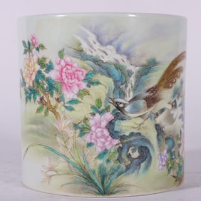A Rare Famille-Rose Flower and Bird Pattern Brush Pot