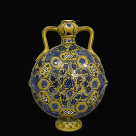 A Rare Blue and White Light Yellow Glaze Brocade Ground Flower and Fruit Pattern Vase