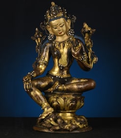 A Rare Gilt Bronze Green Tara Seated Statue