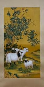 A Chinese Ink Painting of Sheep on Silk