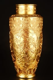 A Rare Gilt Bronze Relief Carved Plum, Orchid, Bamboo and Chrysanthemum Pattern Vase