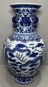 A Rare Blue and White Lotus and Dragon Patterns Vase