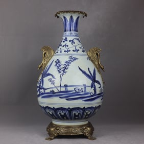 A Rare Blue and White Copper Inlaid Bamboo Pattern Vase