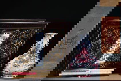 A Exquisite Ink Color Ruby Red-Glazed Painted Gold Seawater Dragon Pattern Double-Eared Vase, with