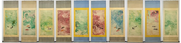 A Set of Chinese Vertical Scroll Ink Paintings of Landscape on Paper