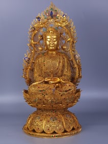 Gilt Bronze Inlaid Gems Buddha Statue