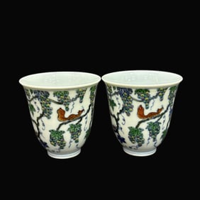 A pair of Rare Doucai Squirrel Grapes Pattern Cup