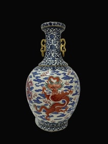 Blue and White Painted Gold Dragon Pattern Double-Ears Vase