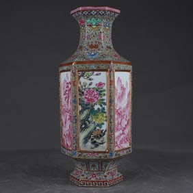 A Rare Enamel Ruby Red Landscape Flower Bird Pattern Hexagonal Vase