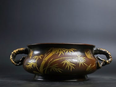 A Rare Red Copper Pattern-Carved and Gilt Bamboo-Ears Censer