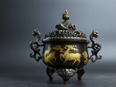 A Rare Red Copper Pattern-Carved and Gilt Beast-Ears Censer