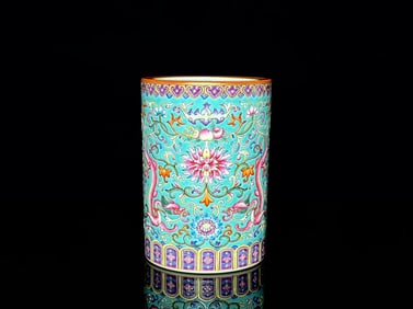 Iron-Red Green Ground Painted Gold Flower Dragon Pattern Brush Pot