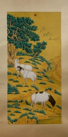 A Chinese Ink Painting of Sheep on Silk