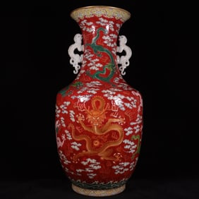 Famille-Rose Ruby Red-Glazed Ground Dragon Pattern Double-Ears Vase