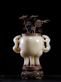 A Rare Hetian Jade Gilt Dragon-ear Vase