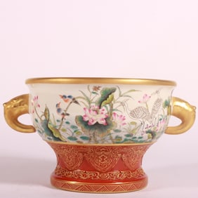 A Rare Enamel Iron-Red Painted Color gold Flower and Bird Pattern Double-Ears Censer
