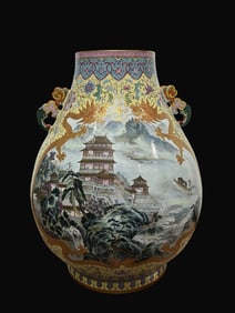 Famille-Rose Yellow Ground Gilt Landscape Pattern Vase