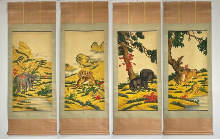 A Set of Chinese Vertical Scroll Ink Paintings of Animals on Paper
