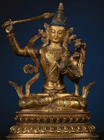A Rare Gilt Bronze Manjusri Bodhisattva Seated Statue