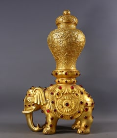 A Rare Gilt Bronze Gem Inlaid Elephant Vase