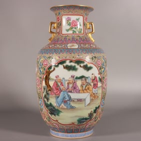A Rare Famille-Rose Poem and Figures Pattern Double-Ears Vase
