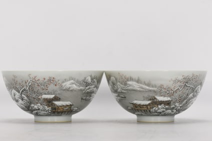 A pair of Famille-Rose Snowscape Landscape Pattern Bowl