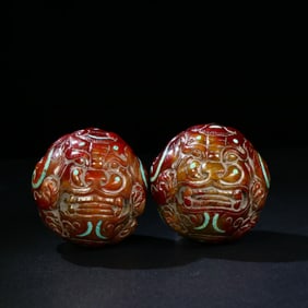 A pair of Hetian Jade Inlaid Turquoise Auspicious Beast Pattern HandHeld Ornament
