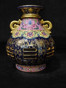 A Rare Enamel Ji Blue Glazed Gold Traced Eight Trigrams Revolving Heart Vase