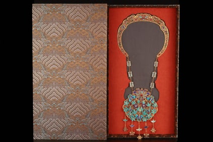 A Rare Filigree Kingfisher Feather "Xi" (Happiness) Character Butterfly Flower Hanging Plate