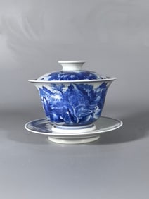 A Exquisite Blue and White Landscape Pattern Covered Bowl