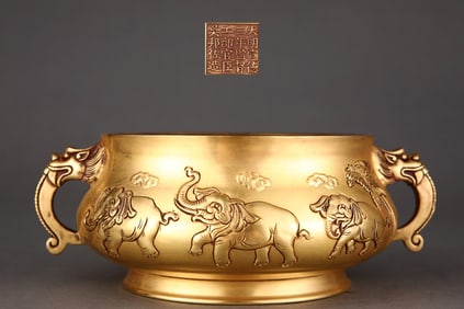 Gilt Copper Elephant Pattern Dragon-Ears Censer