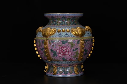Enamel Carved Painted Gold Bat and Flower Pattern Jar