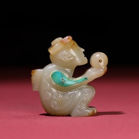 A Rare White Jade Inlaid Turquoise Figure Ornament