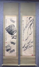 A Pair Chinese Painting of Shrimp and Crab on Paper With a Hanging Scroll