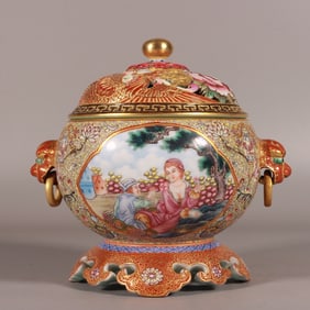 A Rare Enamel Carved Painted Color gold Figures Pattern Lion-Ears Censer