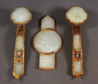 A set of Rare Hetian Jade Gold Wrapped Inlaid Gem Ruyi and Jade Plates