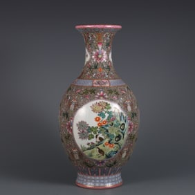 A Rare Green Ground Famille-Rose Flower and Bird Pattern Vase