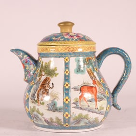 A Rare Purple Sands Famille-Rose Blue Ground Painted Color gold Auspicious Beast Pattern Teapot