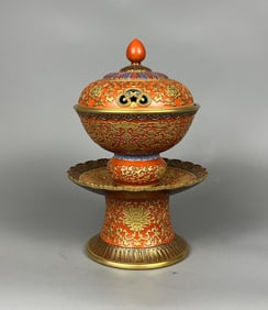 Enamel Carved Painted Gold Lotus Pattern Pattern Bowl,With a lid