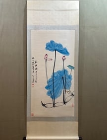 A Chinese Painting of Lotus on Paper With a Hanging Scroll