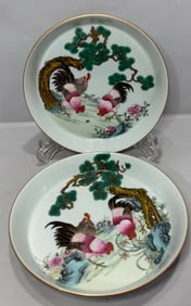 A pair of Rare  Famille-Rose Fowl Patterns Plates