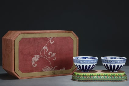 A Pair of Rare Blue and White Lotus Pattern Cups