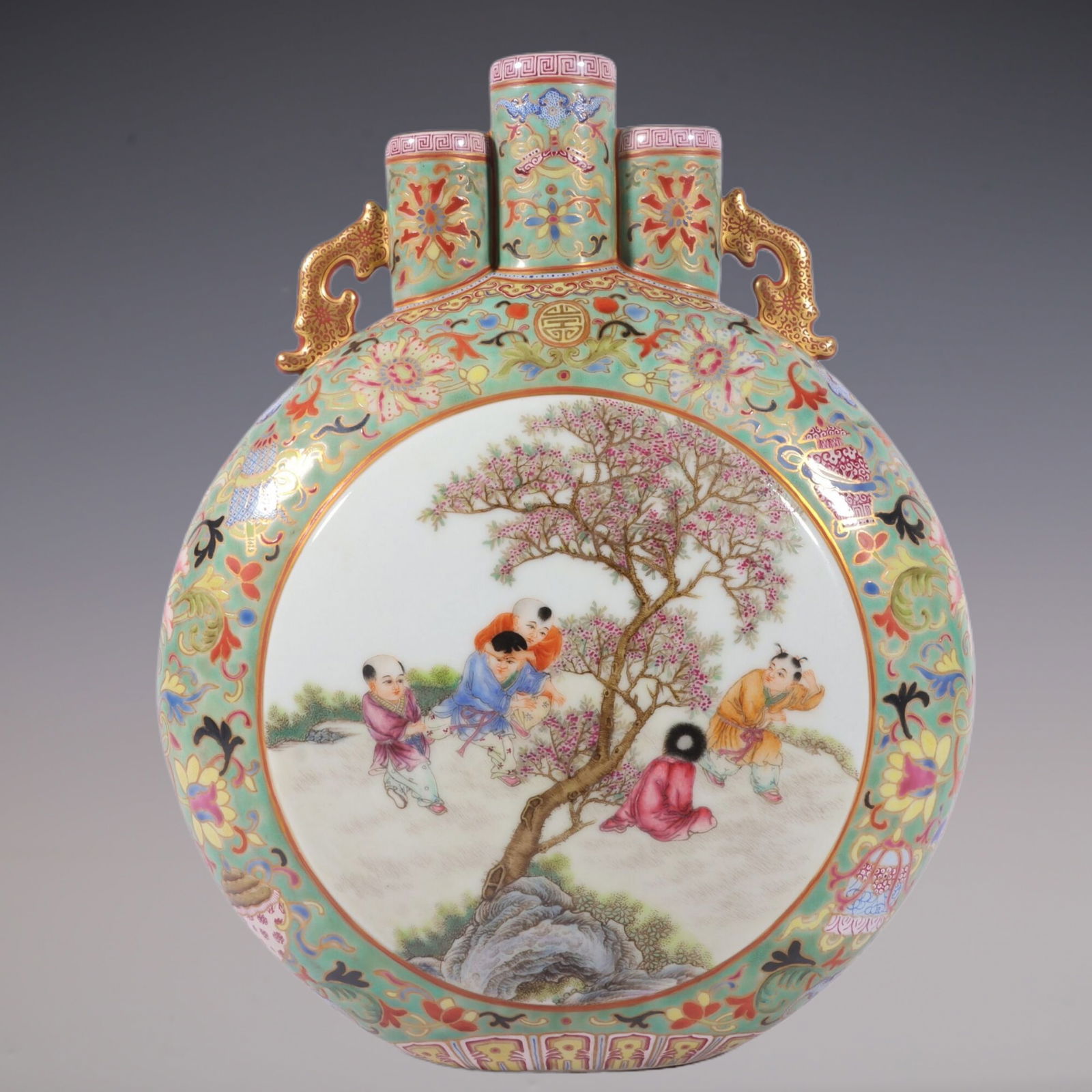 An Exquisite Enamel Green Ground Painted Gold Lotus Pattern Character and Story Pattern Double-Ears