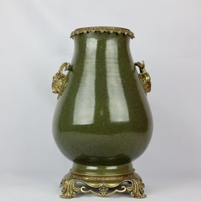 An Exquisite Teadust Glazed Inlaid Bronze Double-Ears Vase