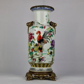 An Exquisite Famille-Rose Inlaid Bronze Flower and Bird Pattern Double-Ears Vase