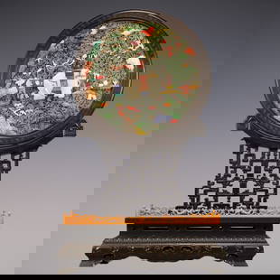 An Exquisite Zitanwood Inlaid Jasper Landscape Pattern Character and Story Pattern Screen Ornament: An Exquisite Zitanwood Inlaid Jasper Landscape Pattern Character and Story Pattern Screen Ornament Qing Dynasty, China