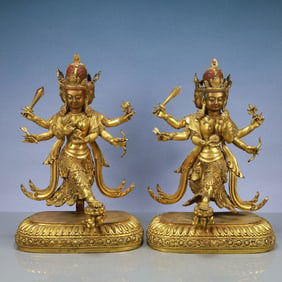 A Exquisite A pair of Gilt Bronze Statue of Manjusri